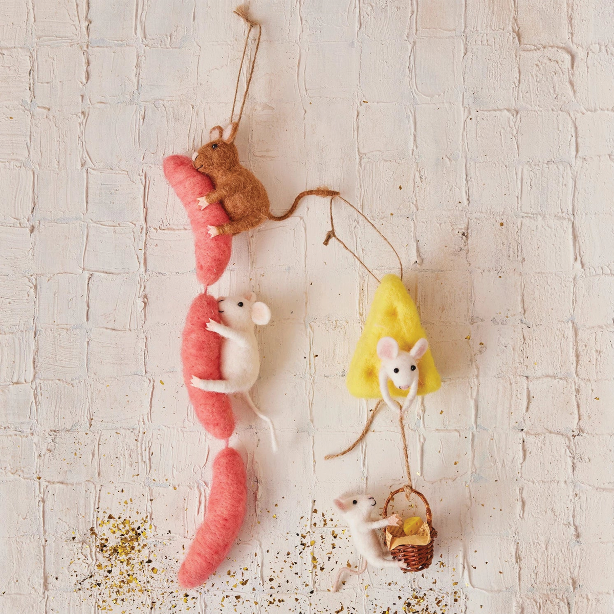 Wool Felt Mice on Cheese Food Ornament