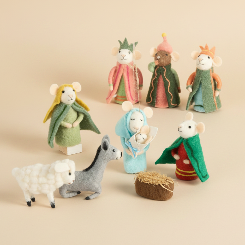Box of Felt Mice Nativity Ornaments