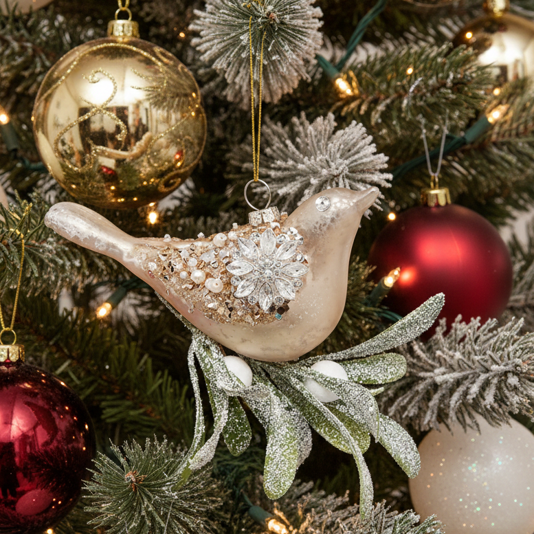 Glass Silver Sequin Bird with Mistletoe Ornament