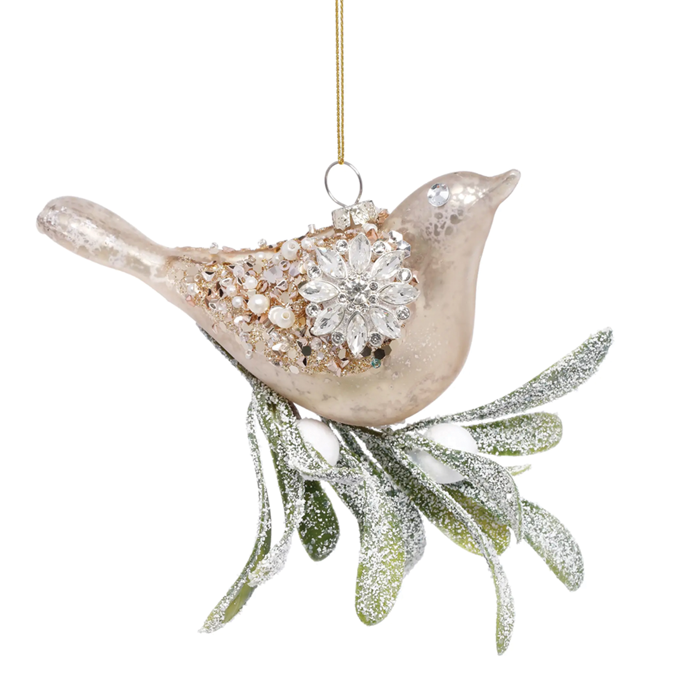 Glass Silver Sequin Bird with Mistletoe Ornament