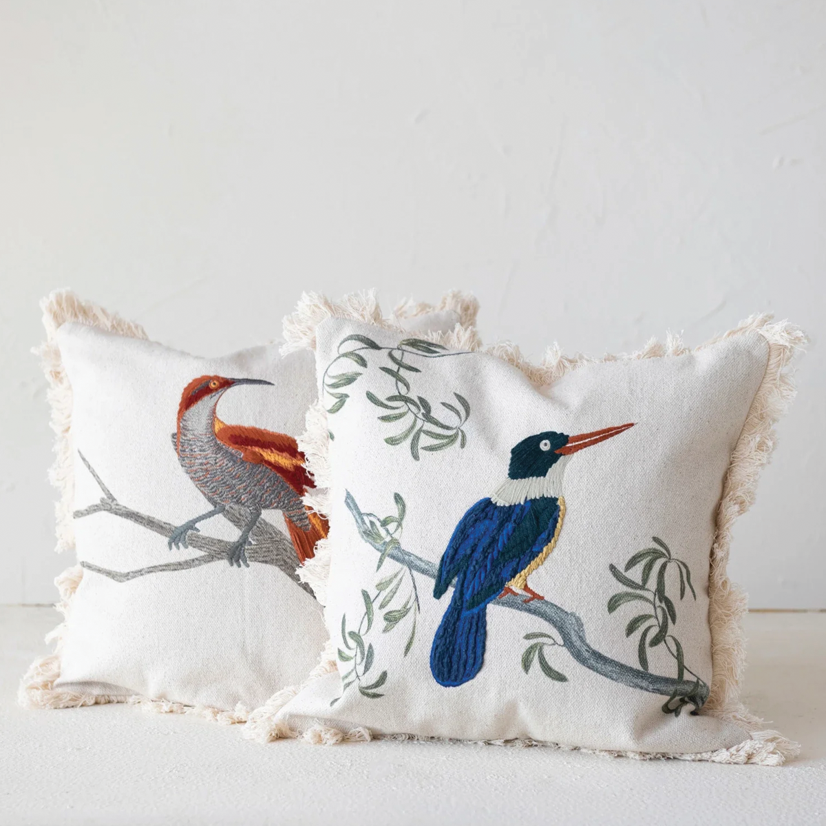 Cotton Printed Pillow with Rust Bird on Branch with Embroidery and Fringe