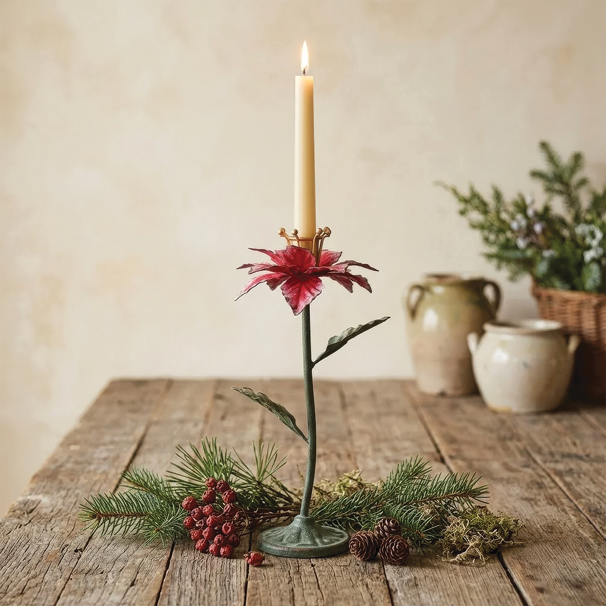 Painted Metal Poinsettia Shaped Taper Holder