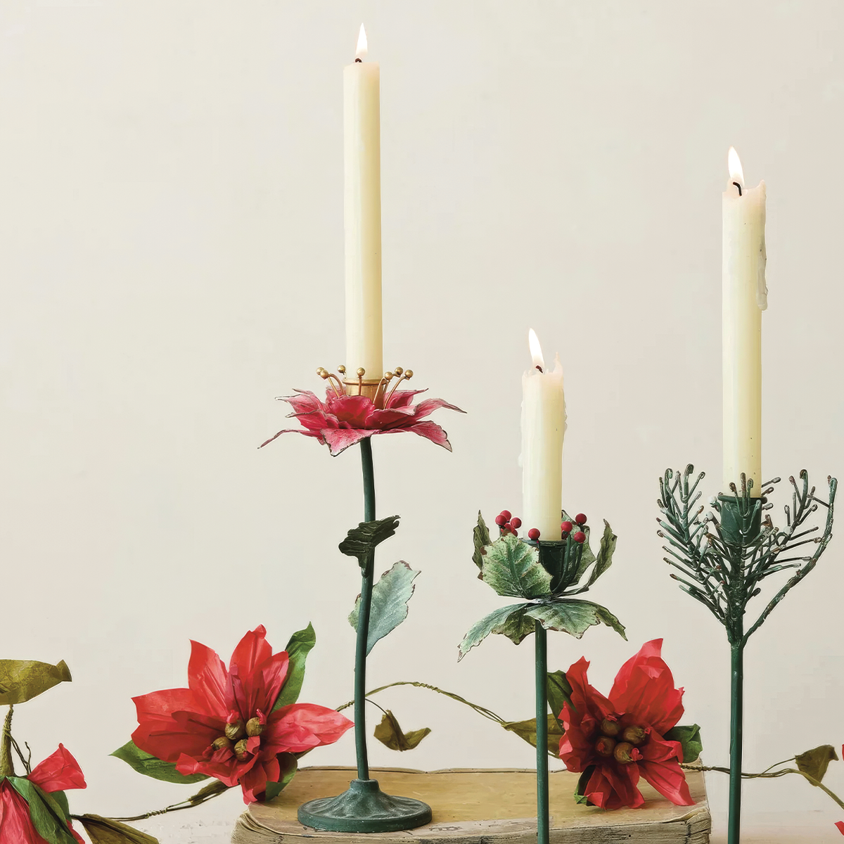Painted Metal Poinsettia Shaped Taper Holder