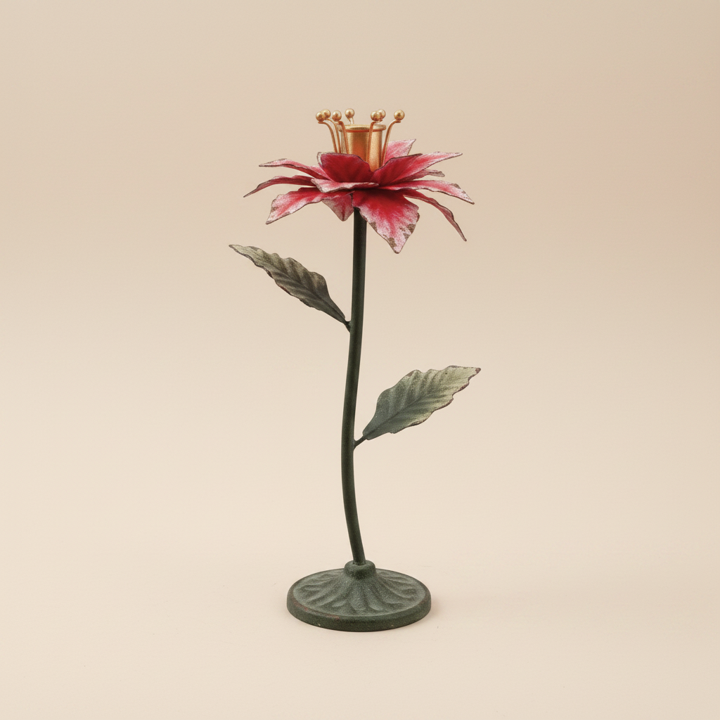 Painted Metal Poinsettia Shaped Taper Holder