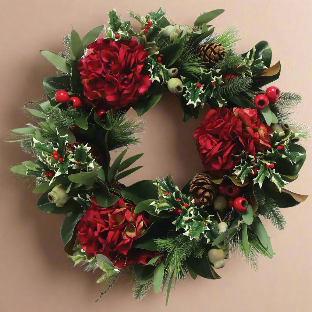 Red Hydrangea Holiday Wreath 24"