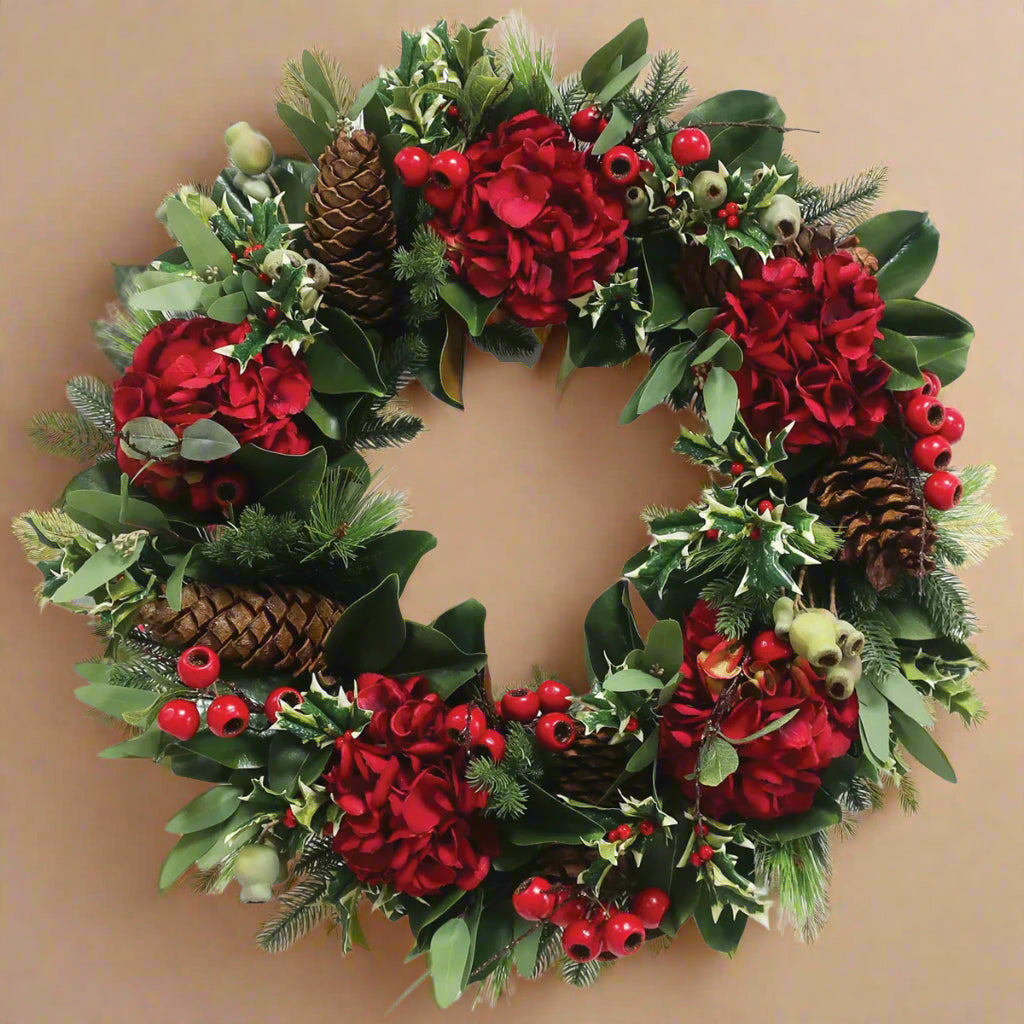 Red Hydrangea Holiday Wreath 30"