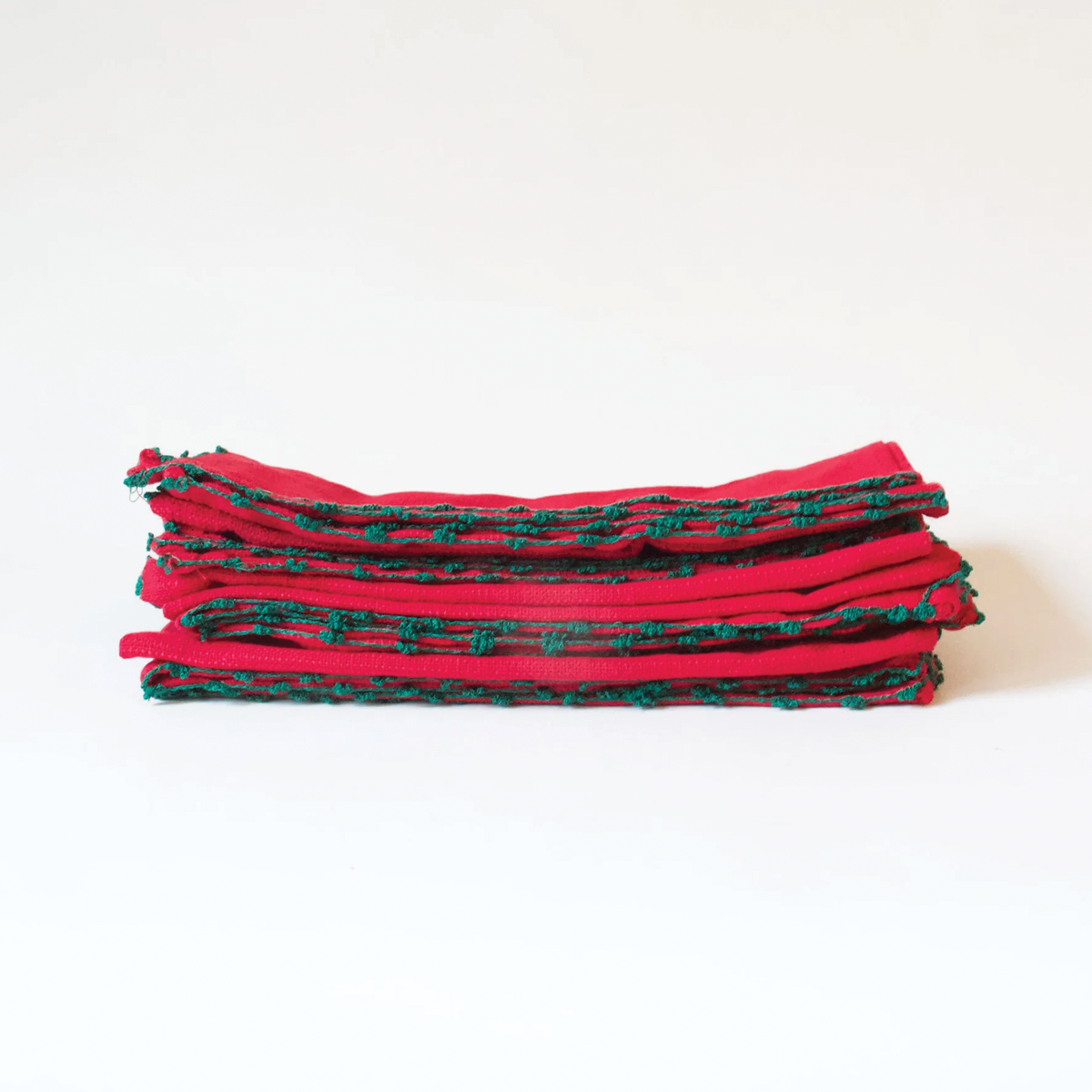 Set of Four Knotted Edge Scarlet Red with Green Trim Cotton Napkins