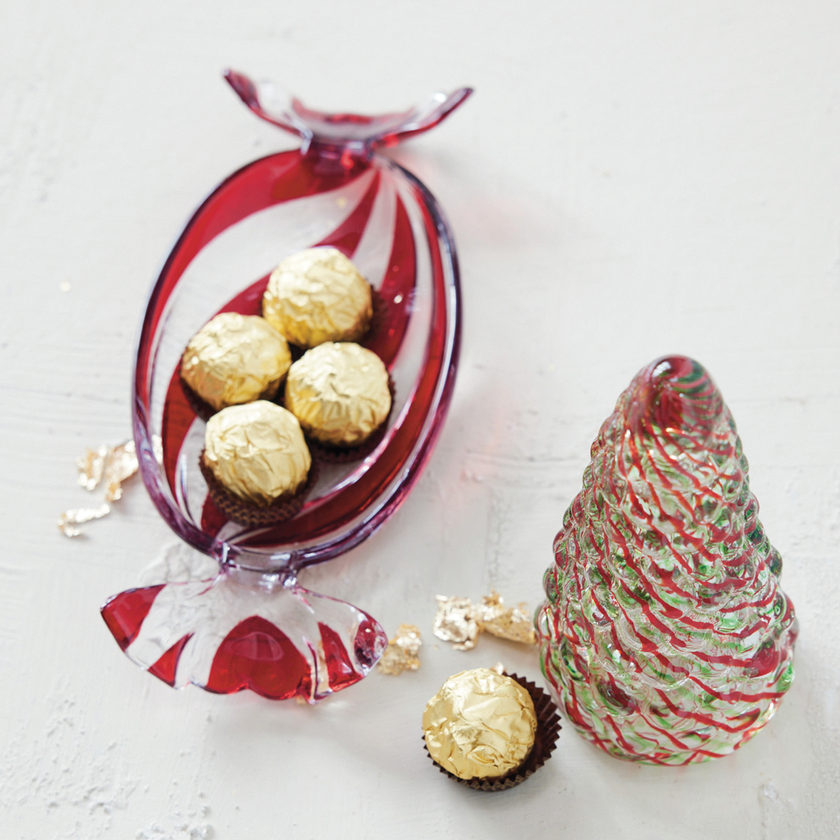 Hand Painted Glass Candy Shaped with Red Stripes Dish