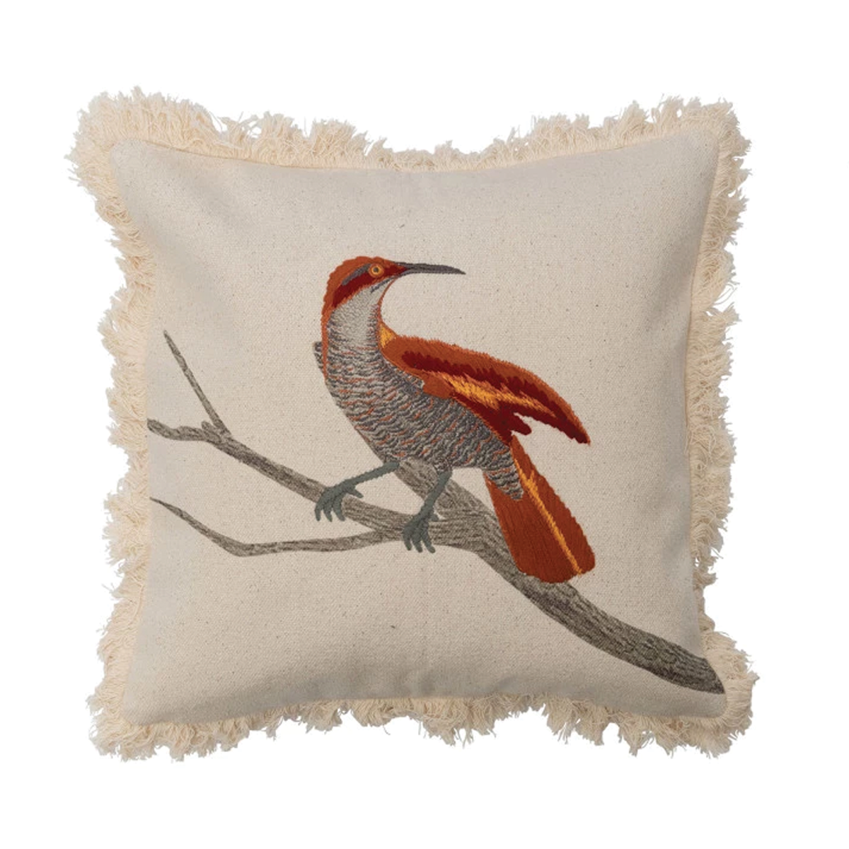 Cotton Printed Pillow with Rust Bird on Branch with Embroidery and Fringe