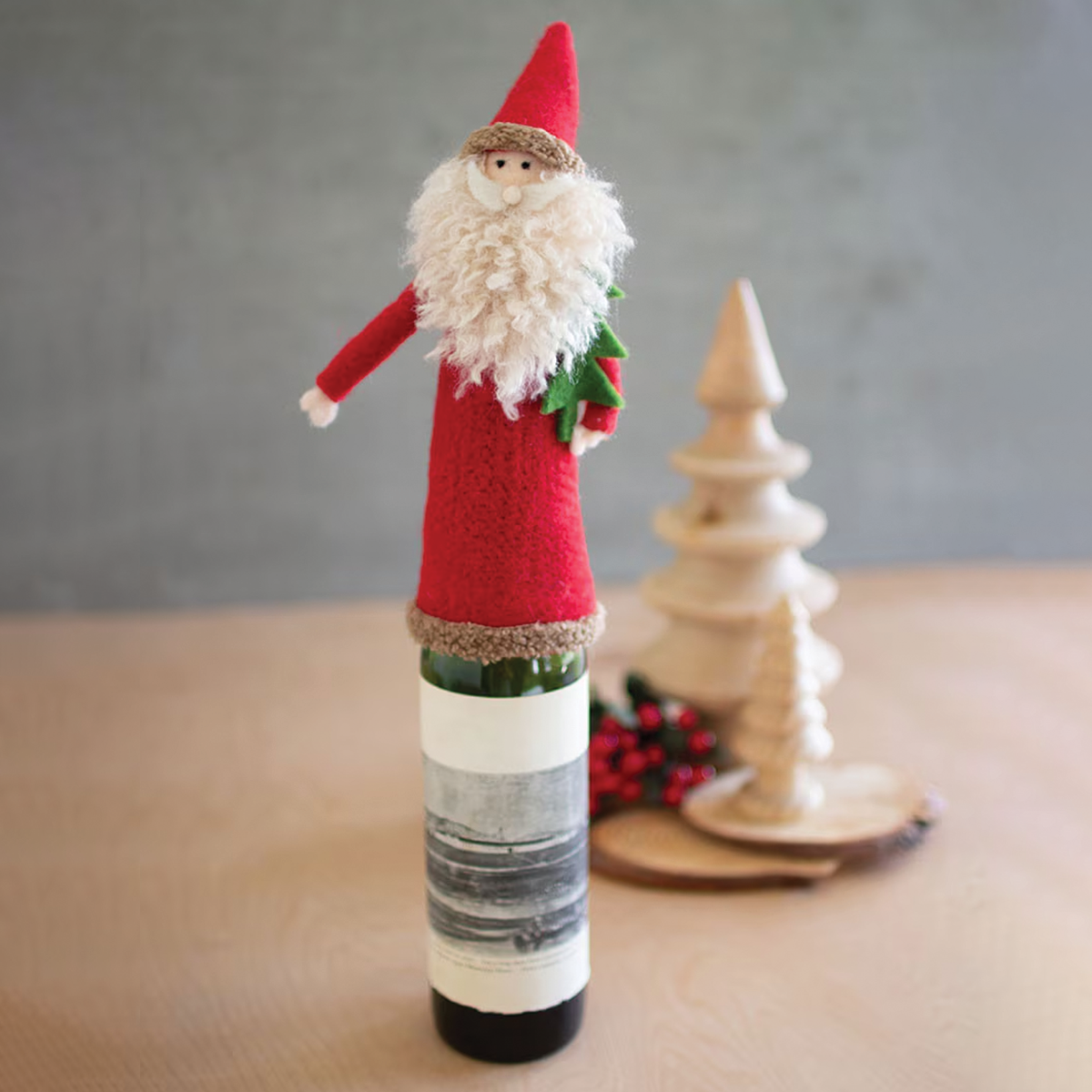 Felt Santa with Tree Wine Topper