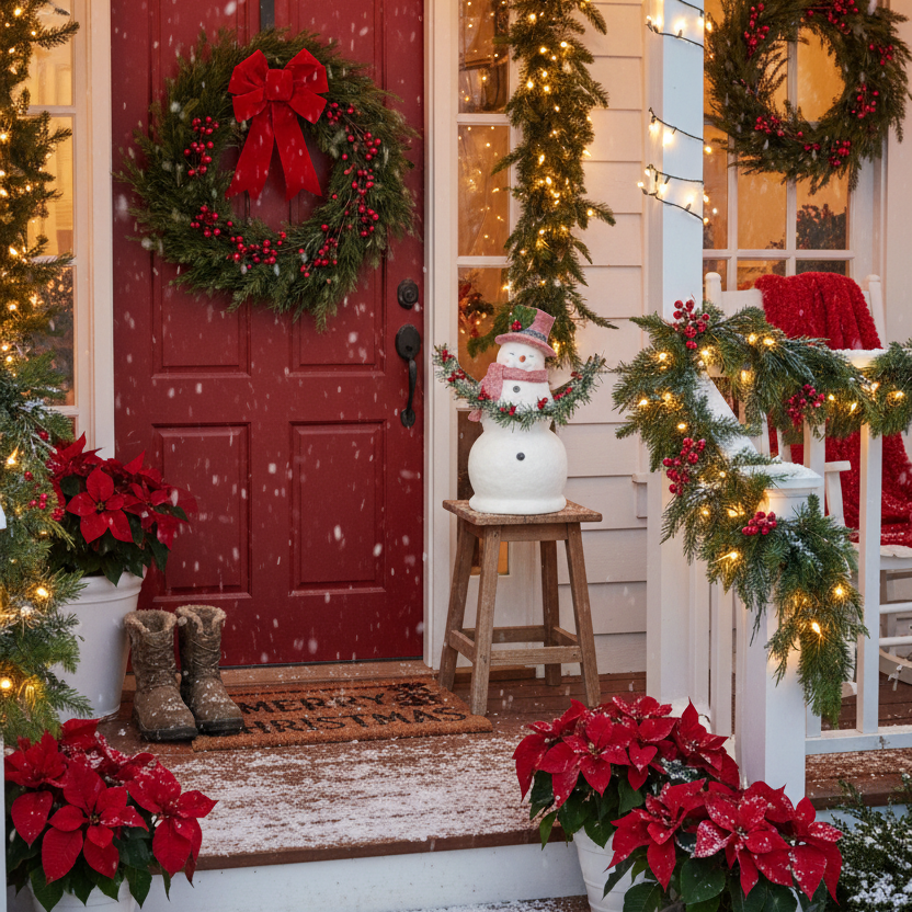Sugar Glittered Snowman with Red Top Hat Holding Garland