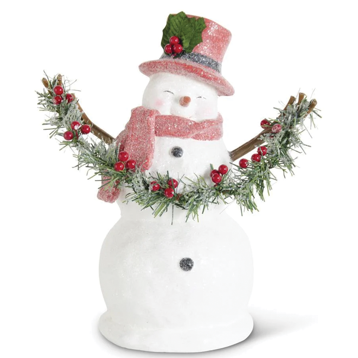 Sugar Glittered Snowman with Red Top Hat Holding Garland