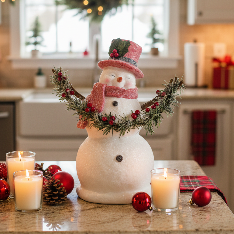 Sugar Glittered Snowman with Red Top Hat Holding Garland