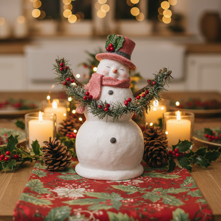 Sugar Glittered Snowman with Red Top Hat Holding Garland
