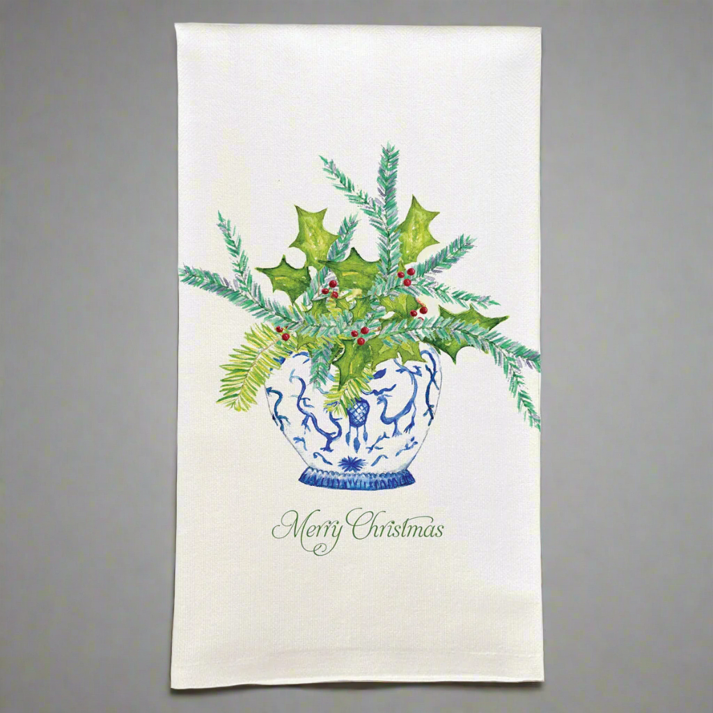 Ginger Jar with Greens and Merry Christmas Tea Towel