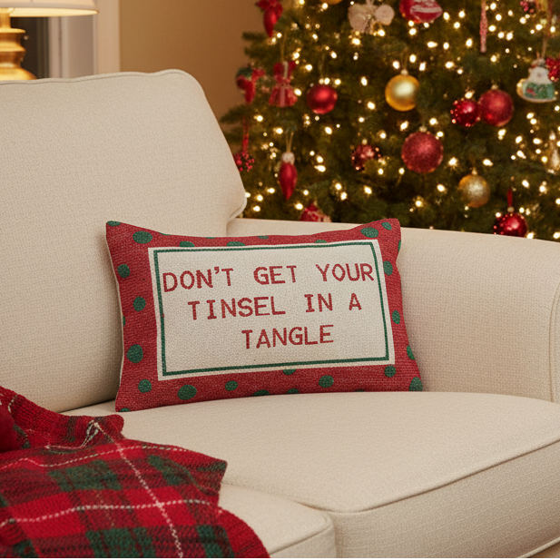 "Don't Get Your Tinsel In A Tangle" with Polka Dots Pattern Cotton Lumbar Pillow