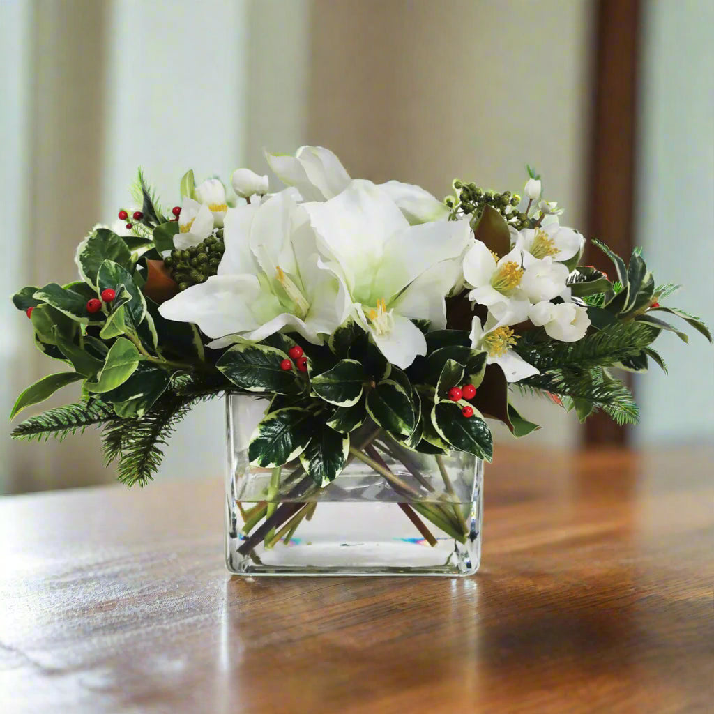 White Holiday Amaryllis and Holly in Rectangle Vase