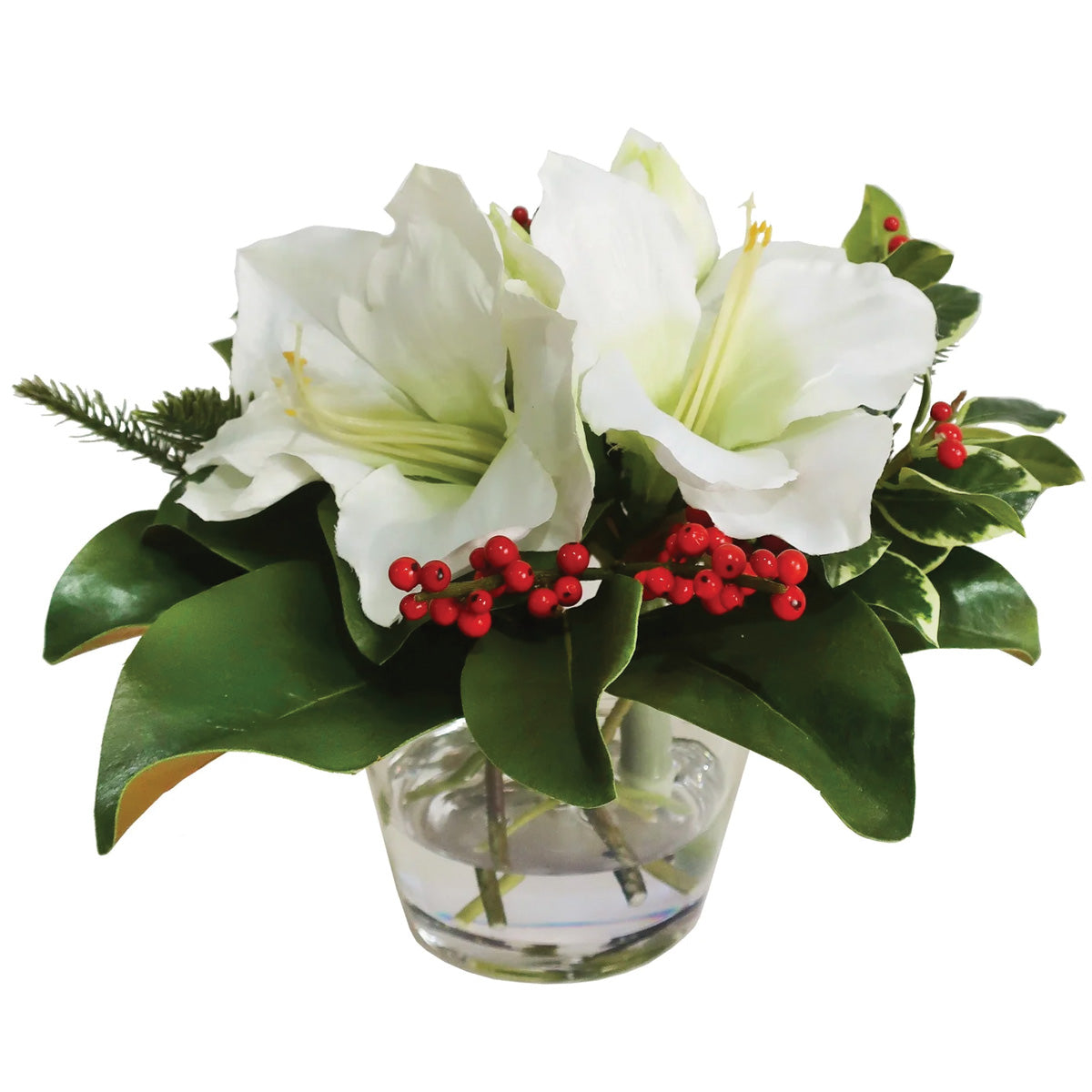 White Holiday Amaryllis and Holly in Vase Petite