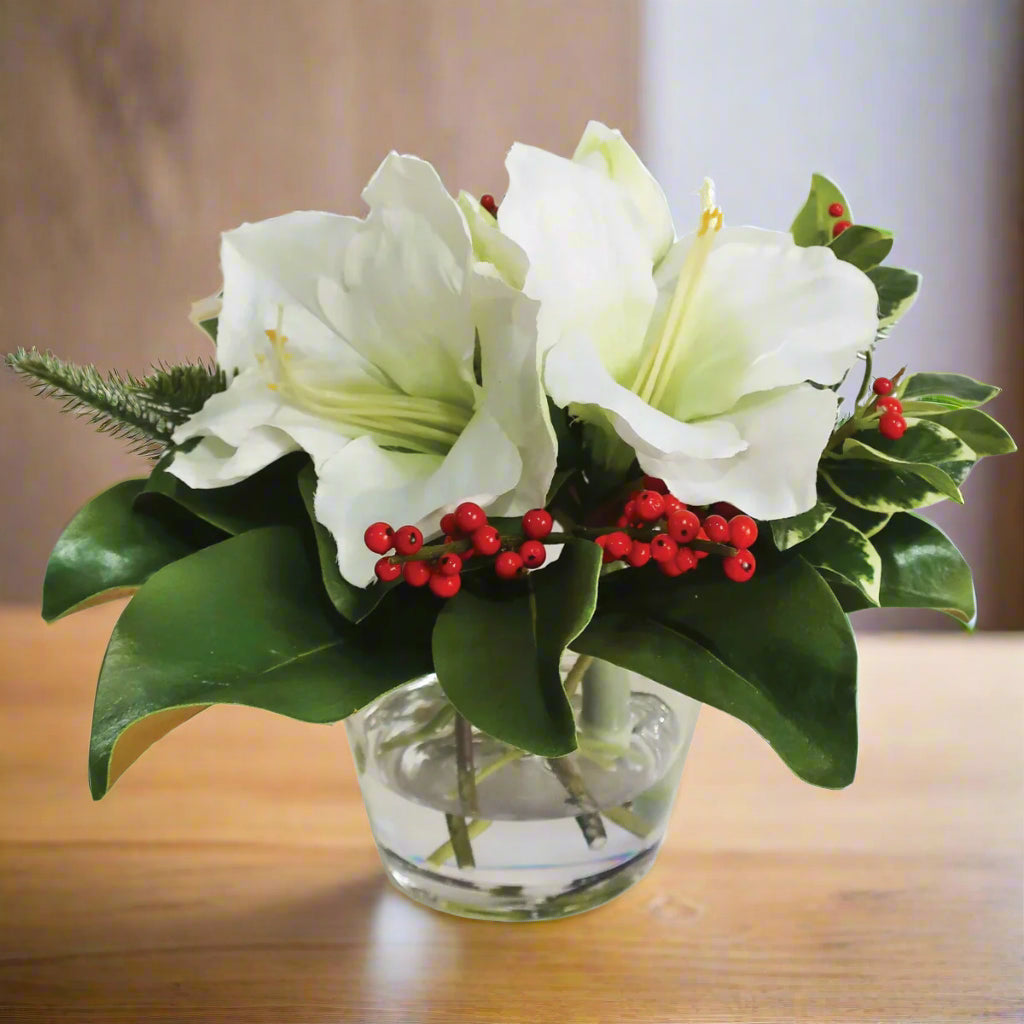 White Holiday Amaryllis and Holly in Vase Petite