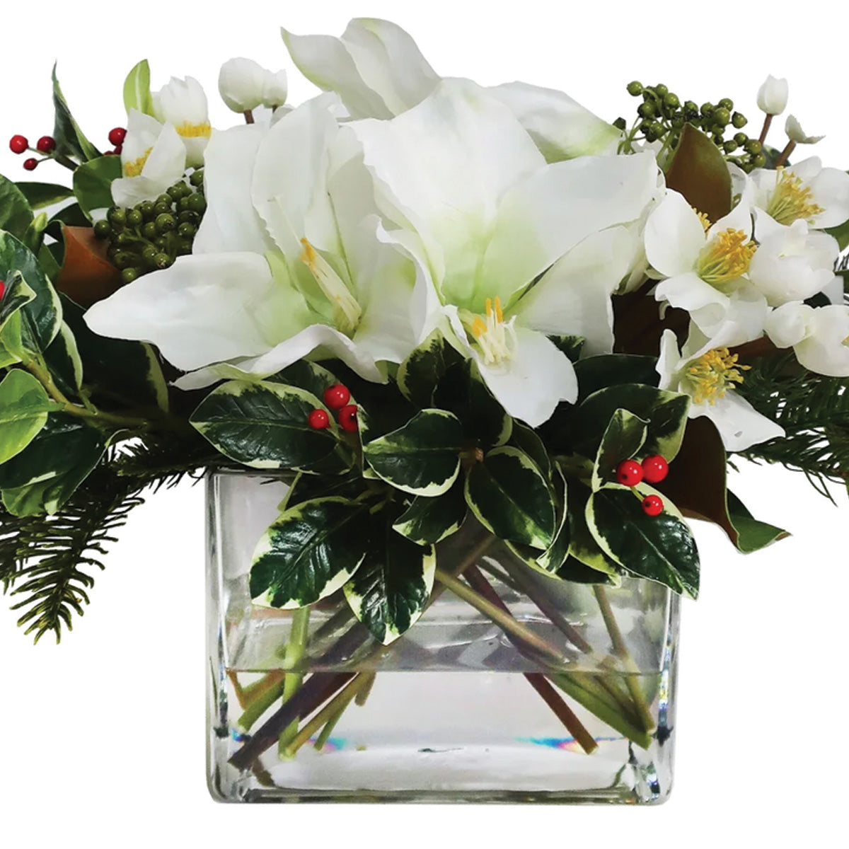 White Holiday Amaryllis and Holly in Rectangle Vase