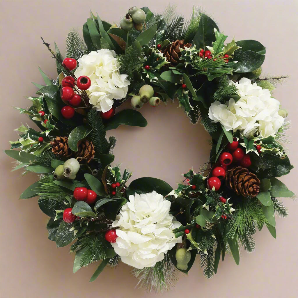 White Hydrangea Holiday Wreath 24"