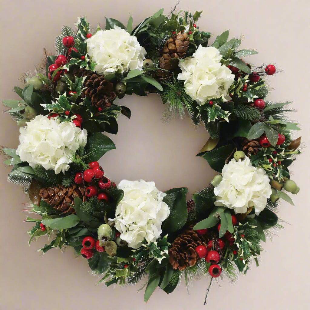 White Hydrangea Holiday Wreath 30"