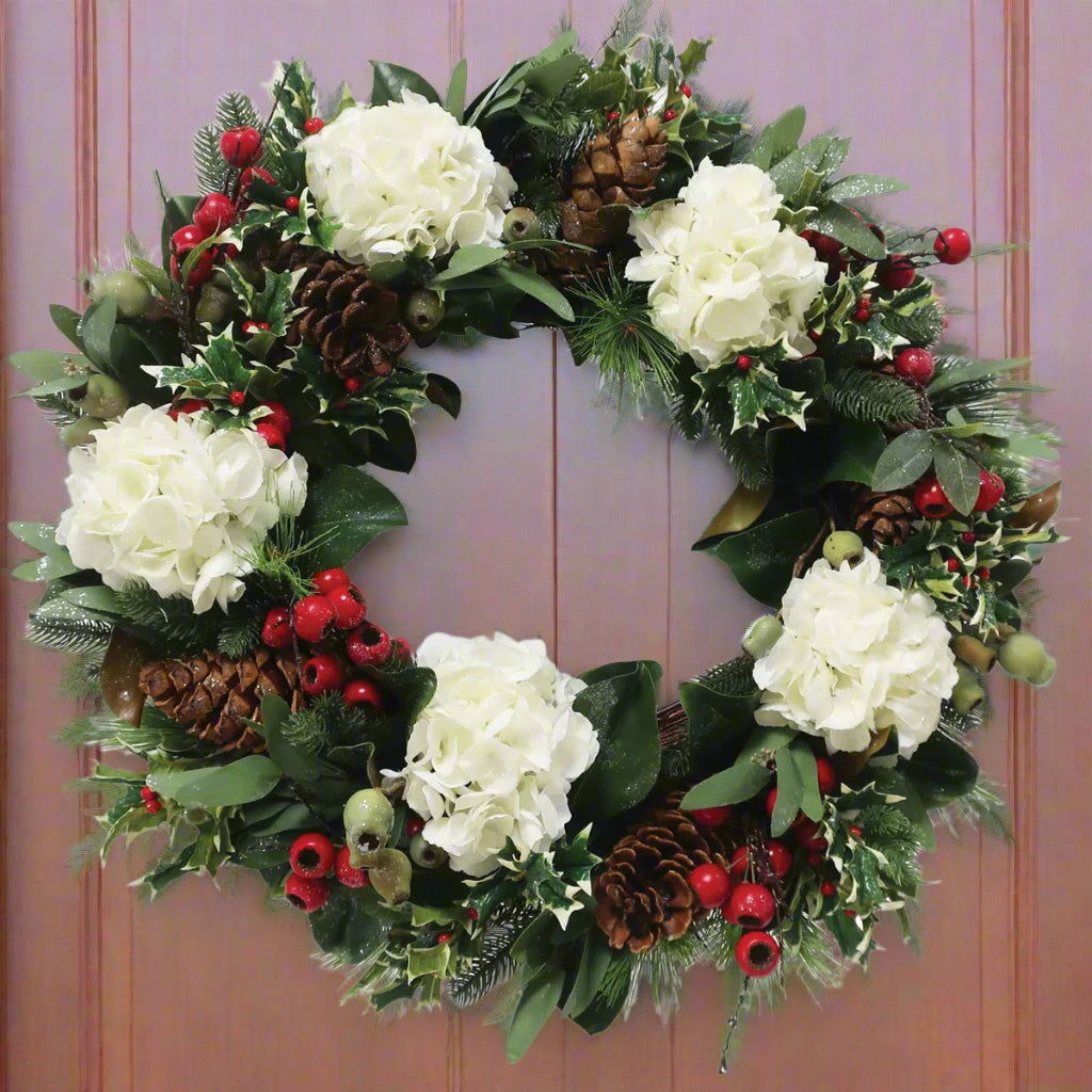 White Hydrangea Holiday Wreath 30"