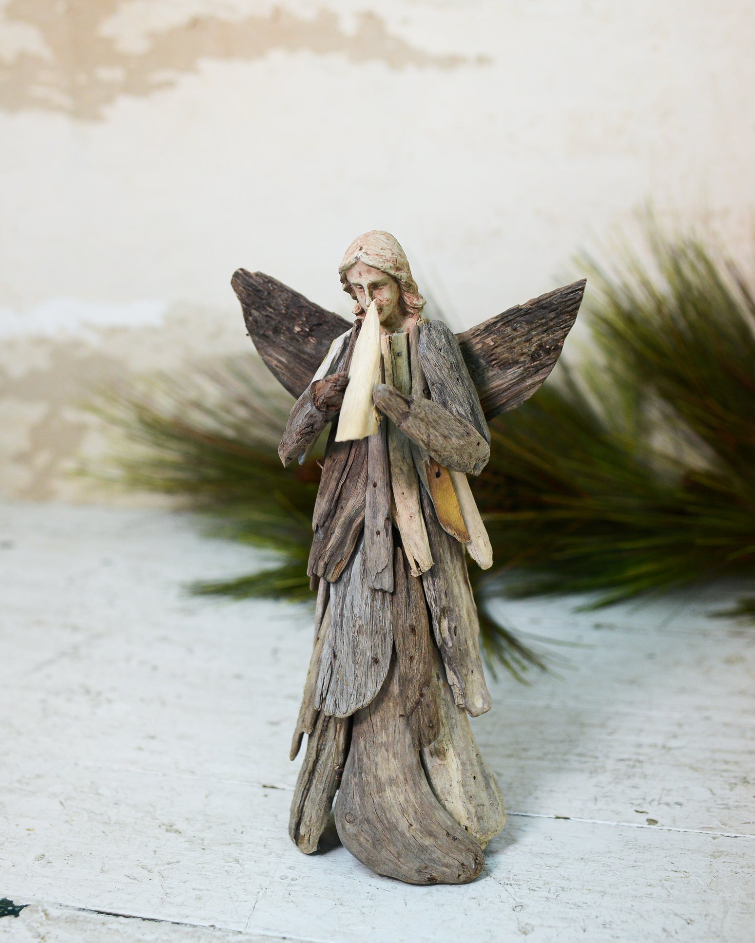 Angel Driftwood Statue Holding Trumpet