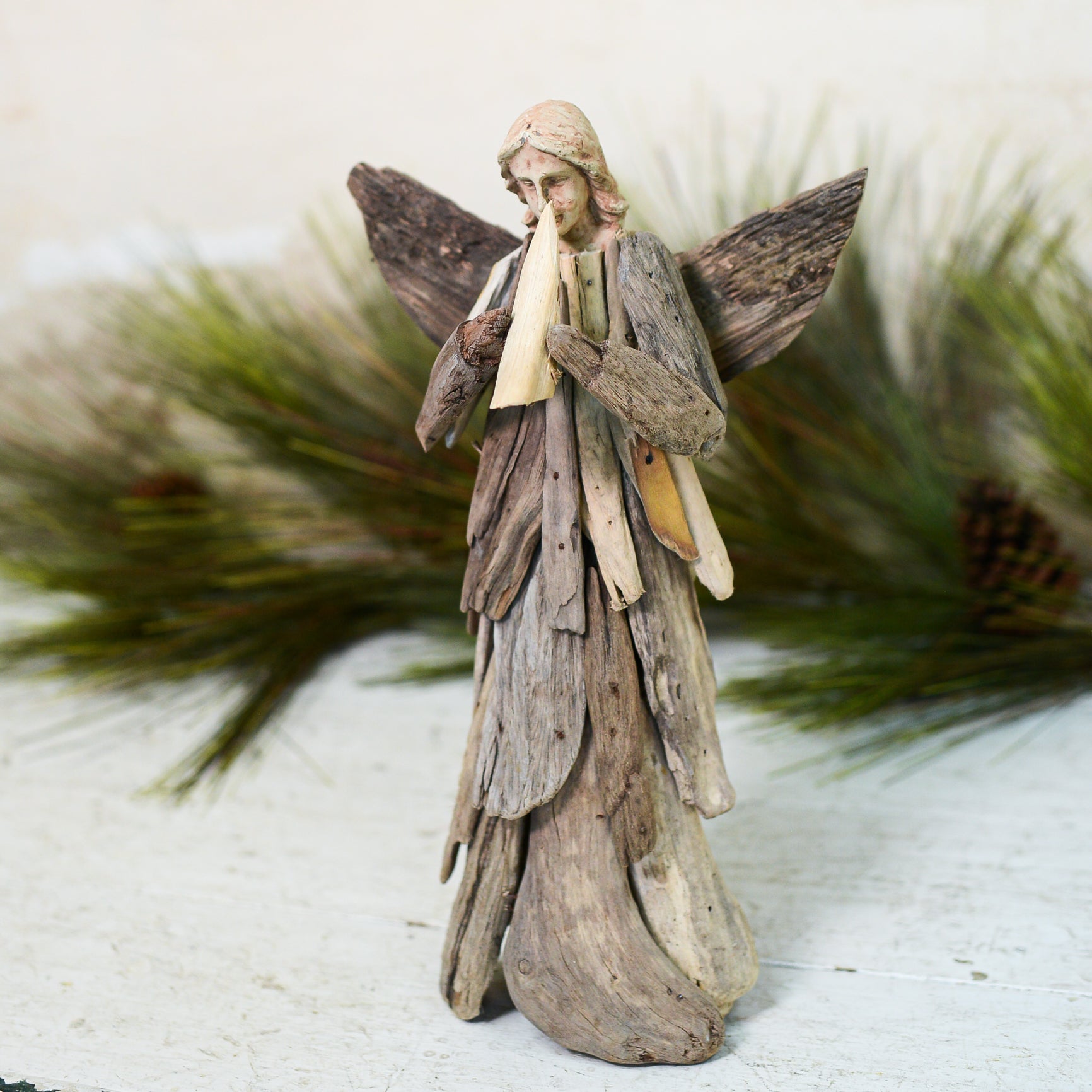 Angel Driftwood Statue Holding Trumpet