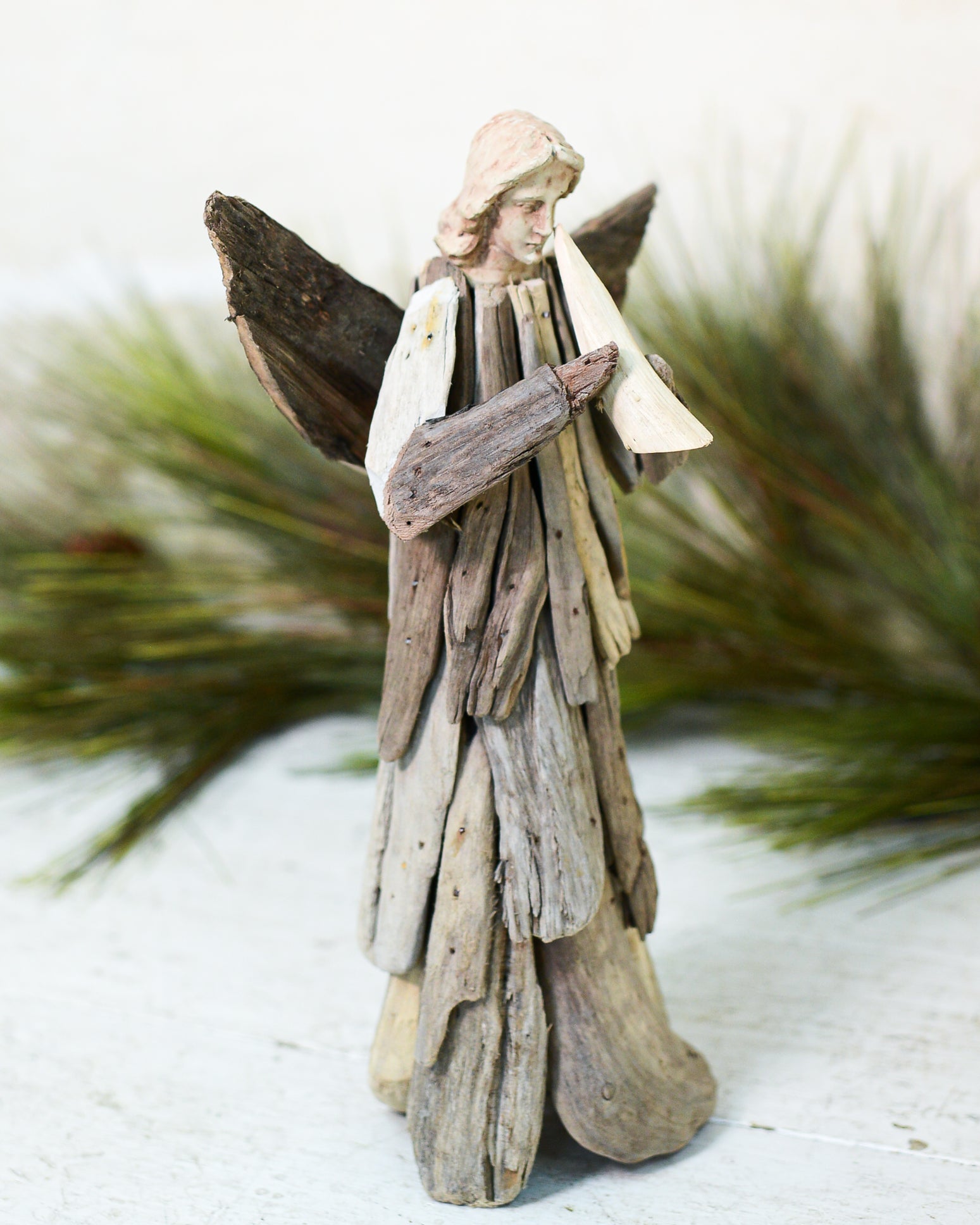 Angel Driftwood Statue Holding Trumpet