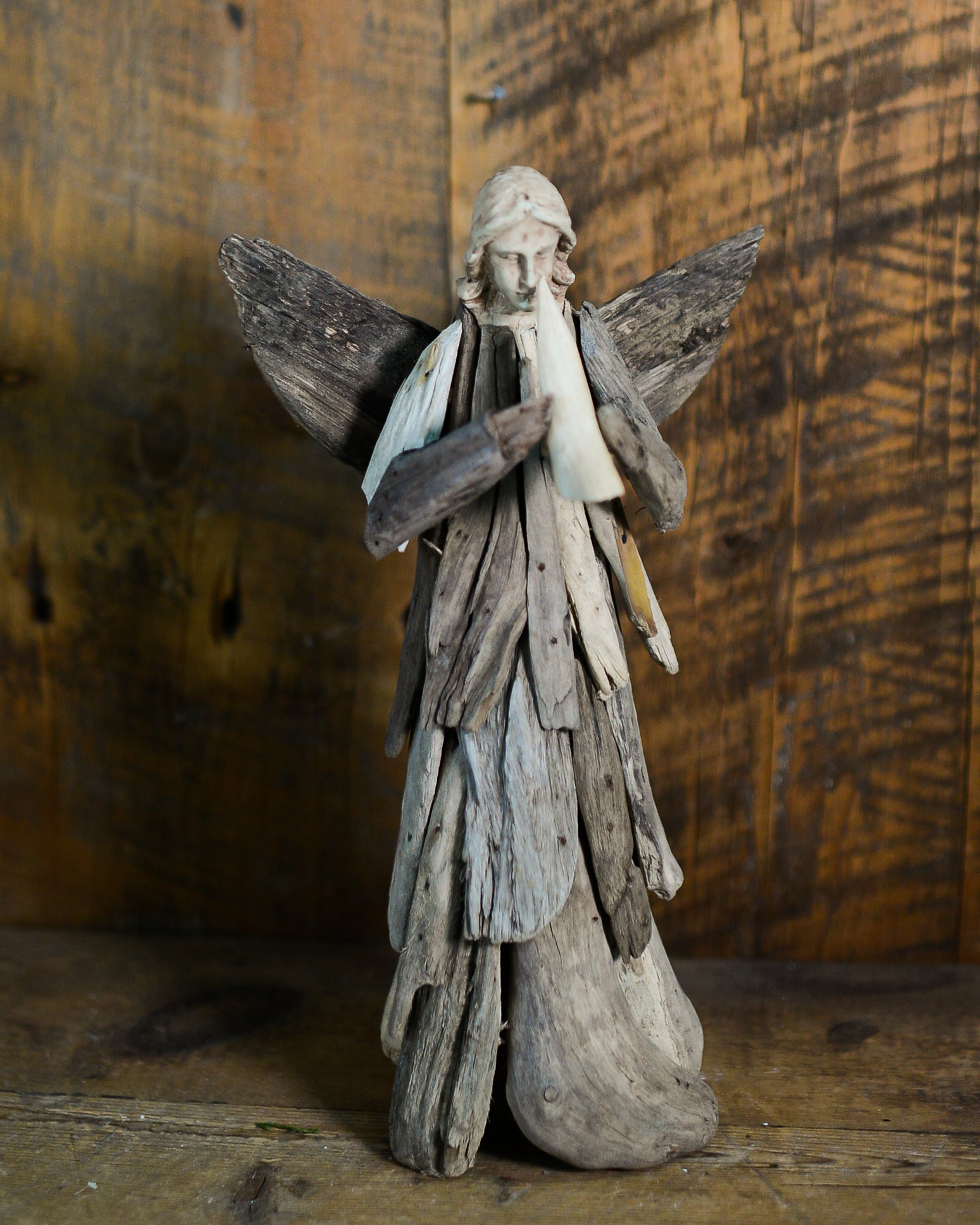 Angel Driftwood Statue Holding Trumpet