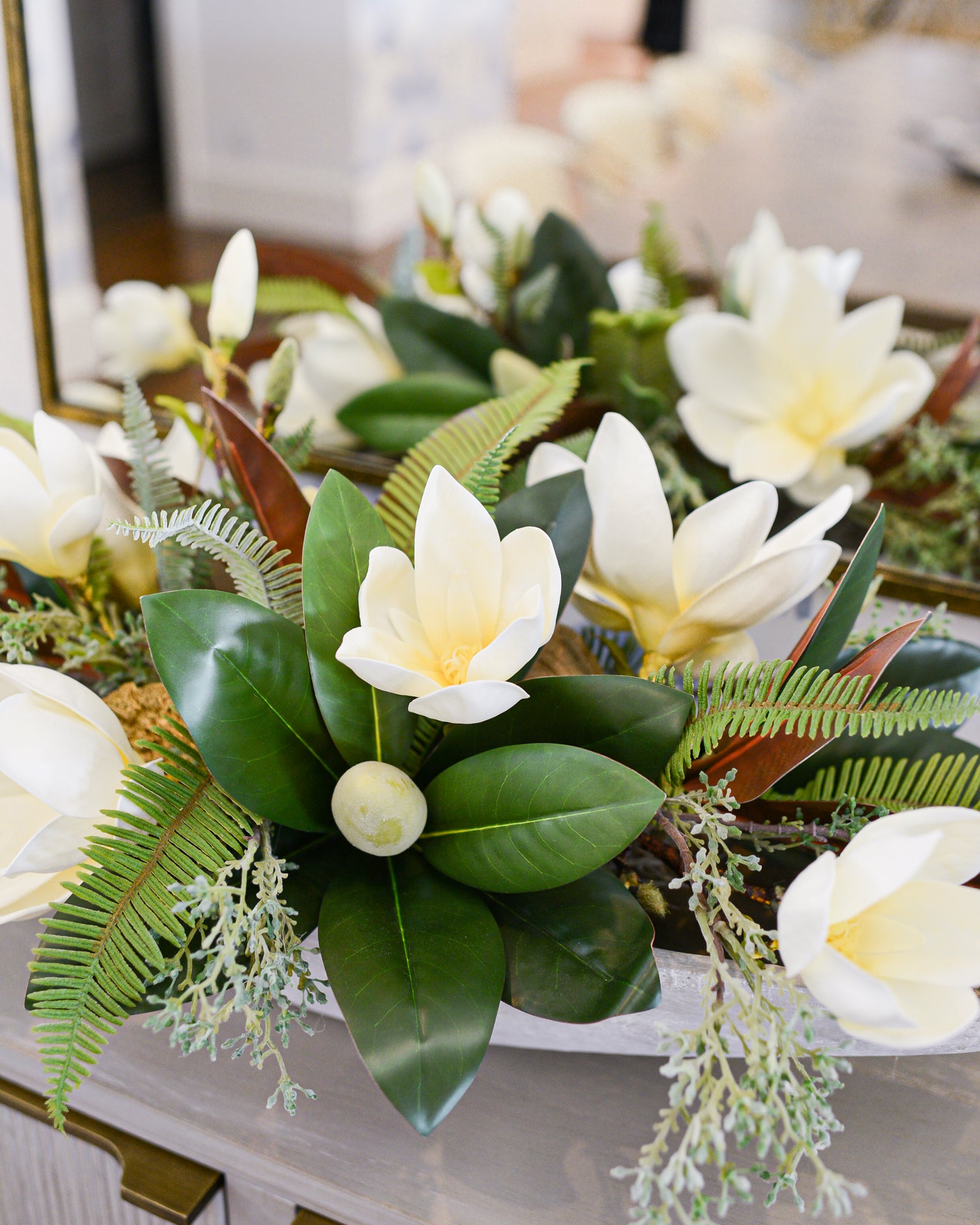 White Saucer Magnolia Elongated Centerpiece Drop In