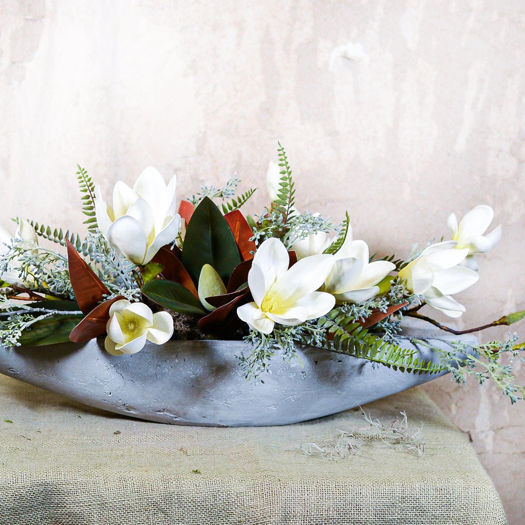 White Saucer Magnolia Elongated Centerpiece Drop In