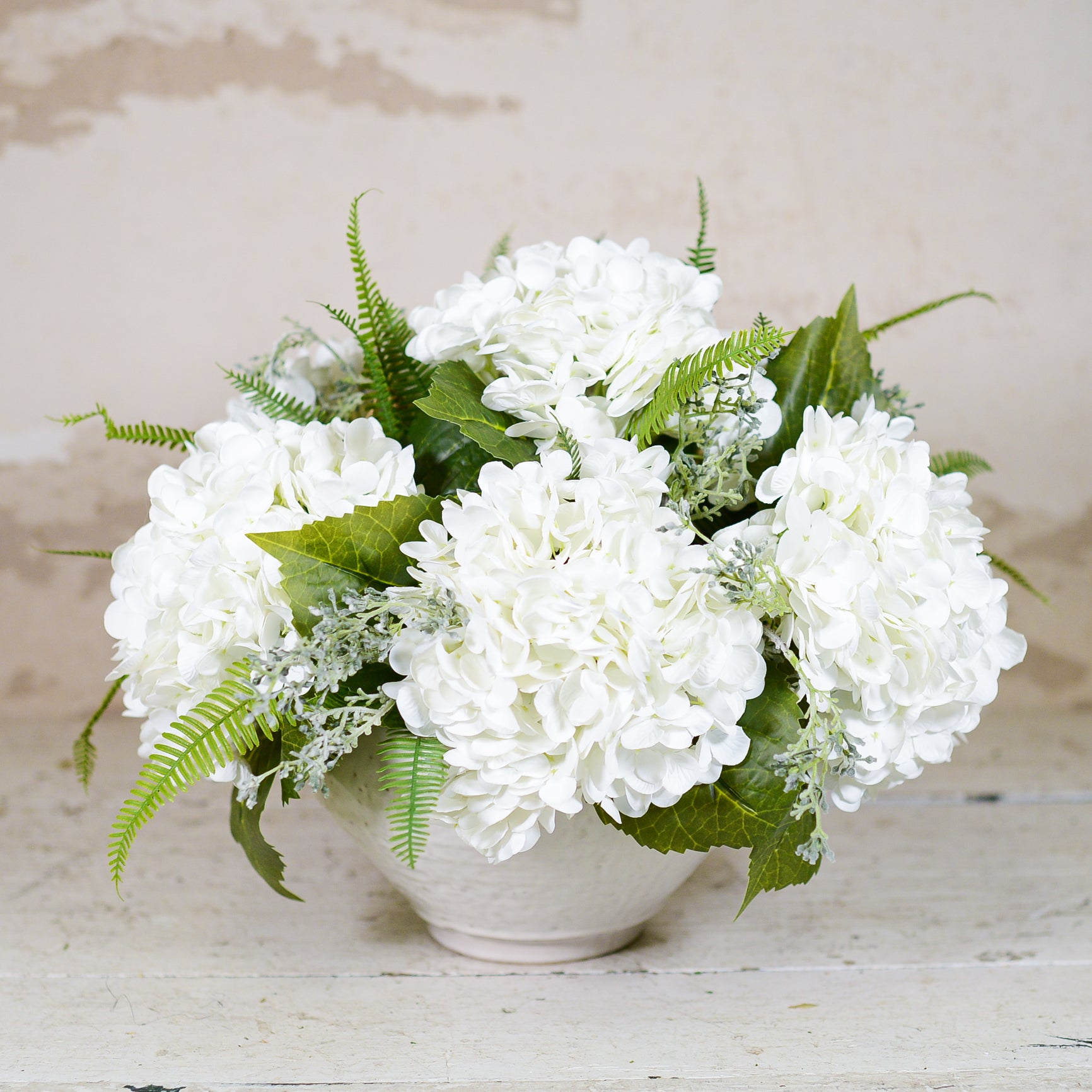 Real Touch White Hydrangea Centerpiece Drop In