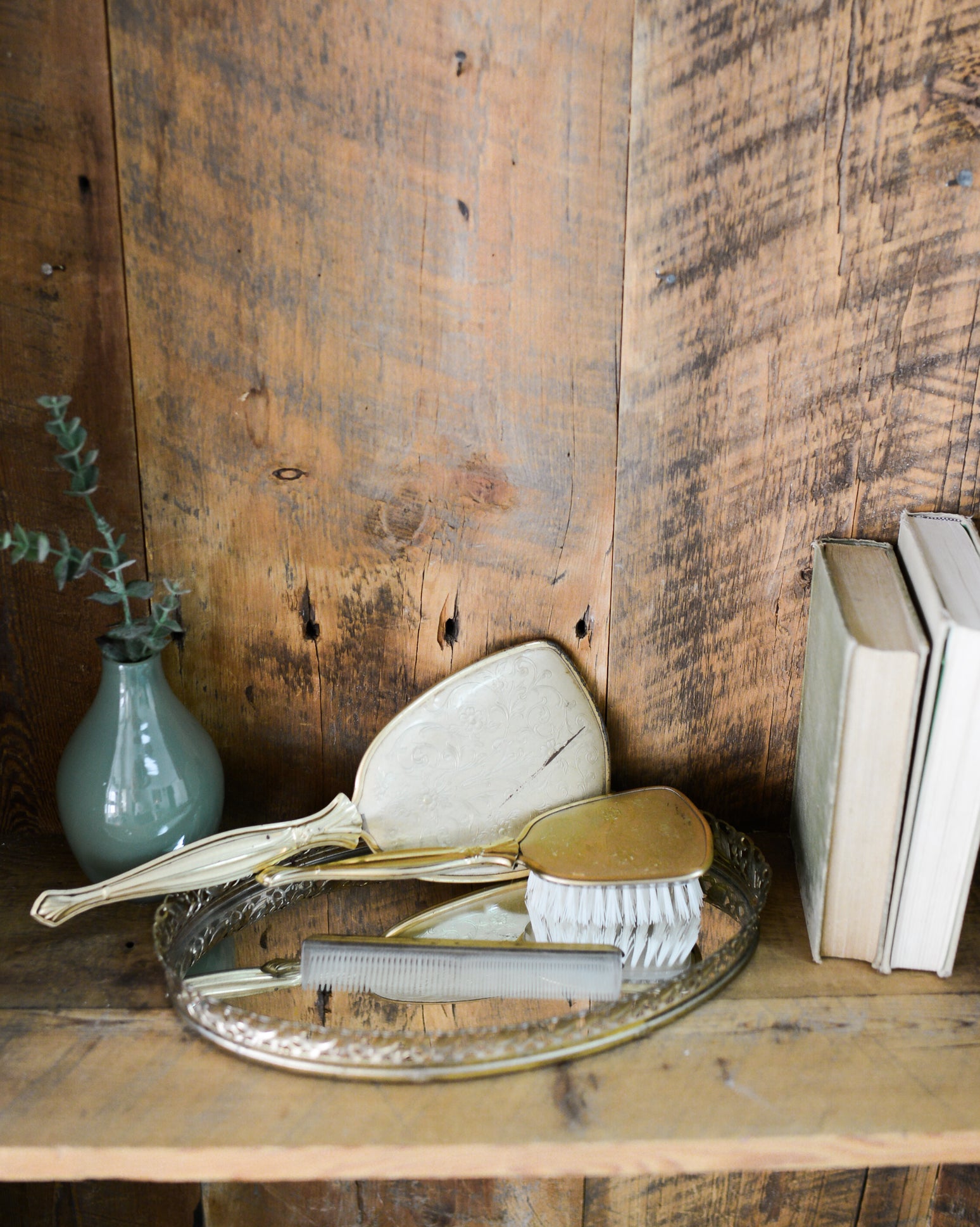 Vintage Antiqued Gold Vanity Beauty Hair Set of Three