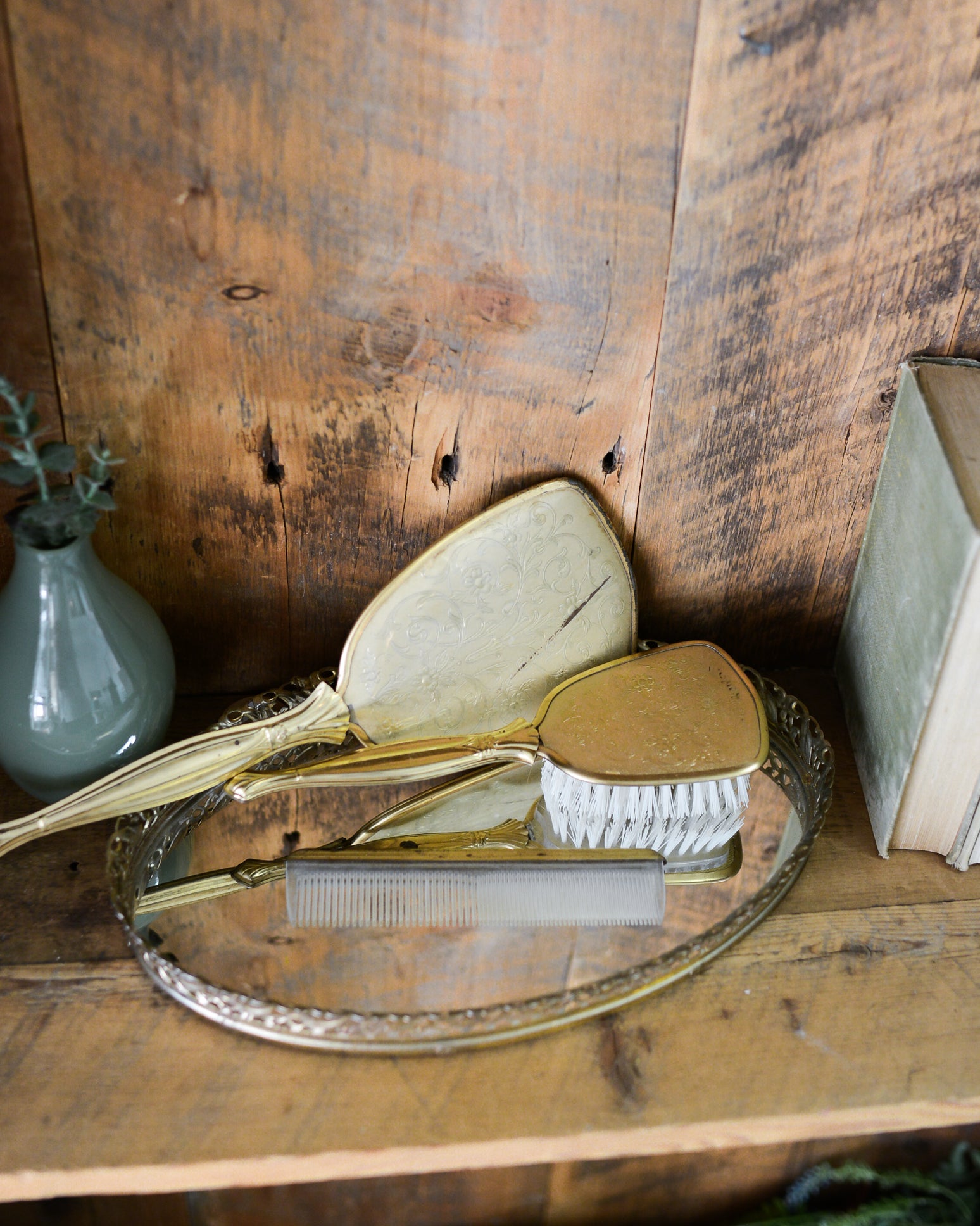 Vintage Antiqued Gold Vanity Beauty Hair Set of Three