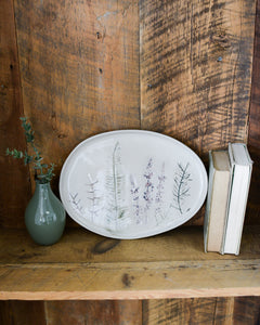 Debossed Stoneware Oval Floral Platter Reactive Crackle Glaze