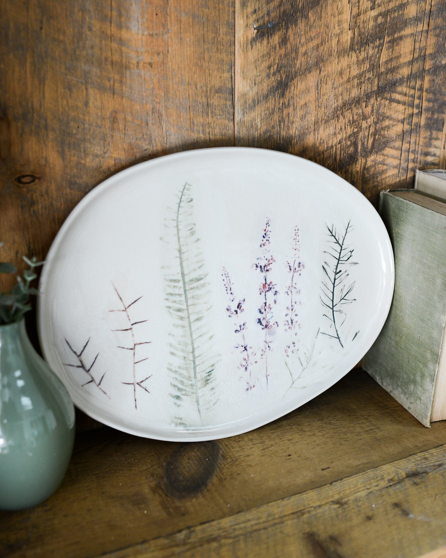 Debossed Stoneware Oval Floral Platter Reactive Crackle Glaze