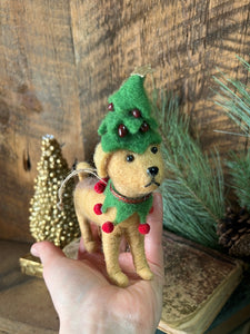 Felt Golden Dog in Green Holiday Tree Costume Ornament