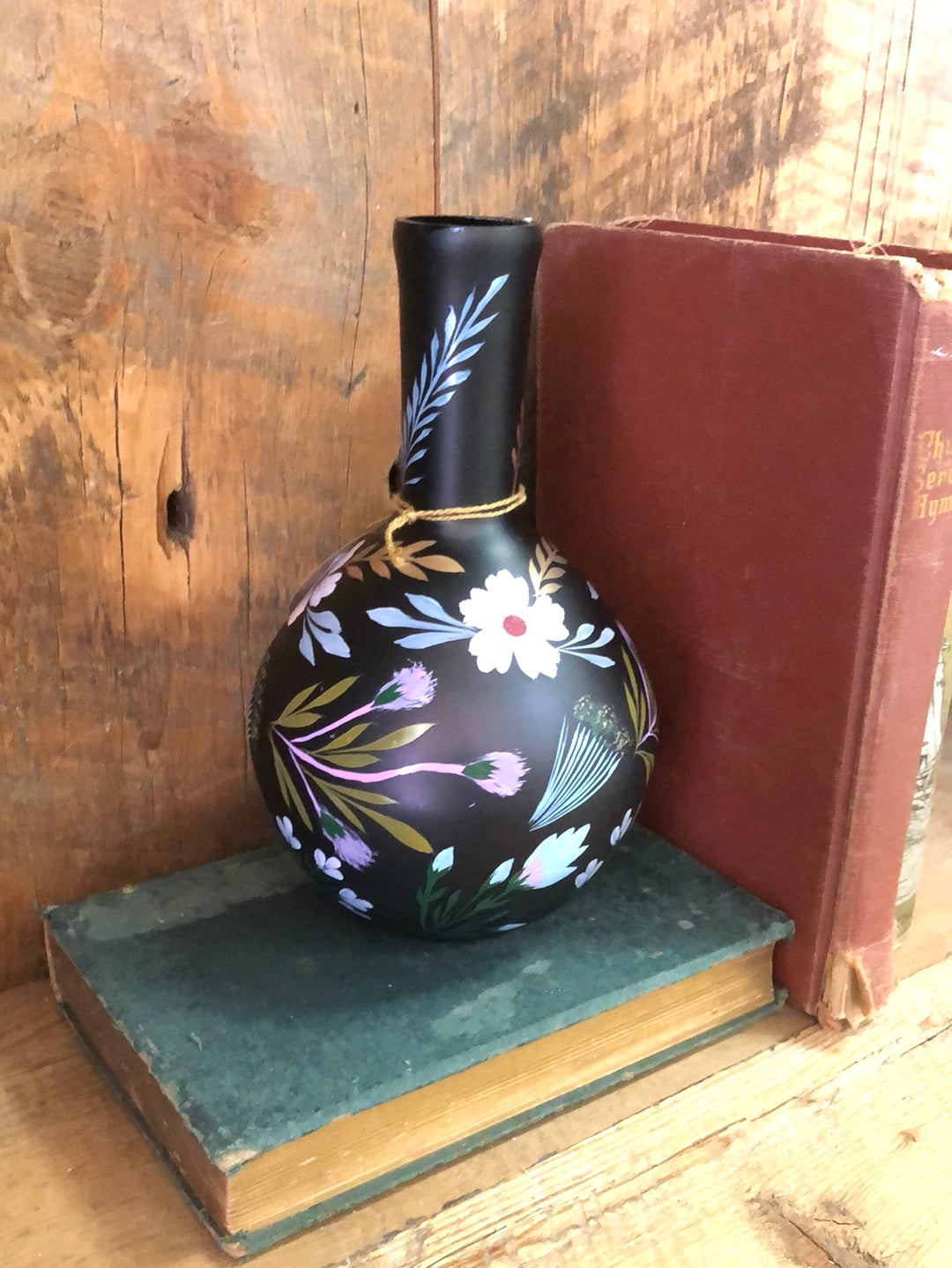 Handpainted Black Vase with Light Purple Flowers