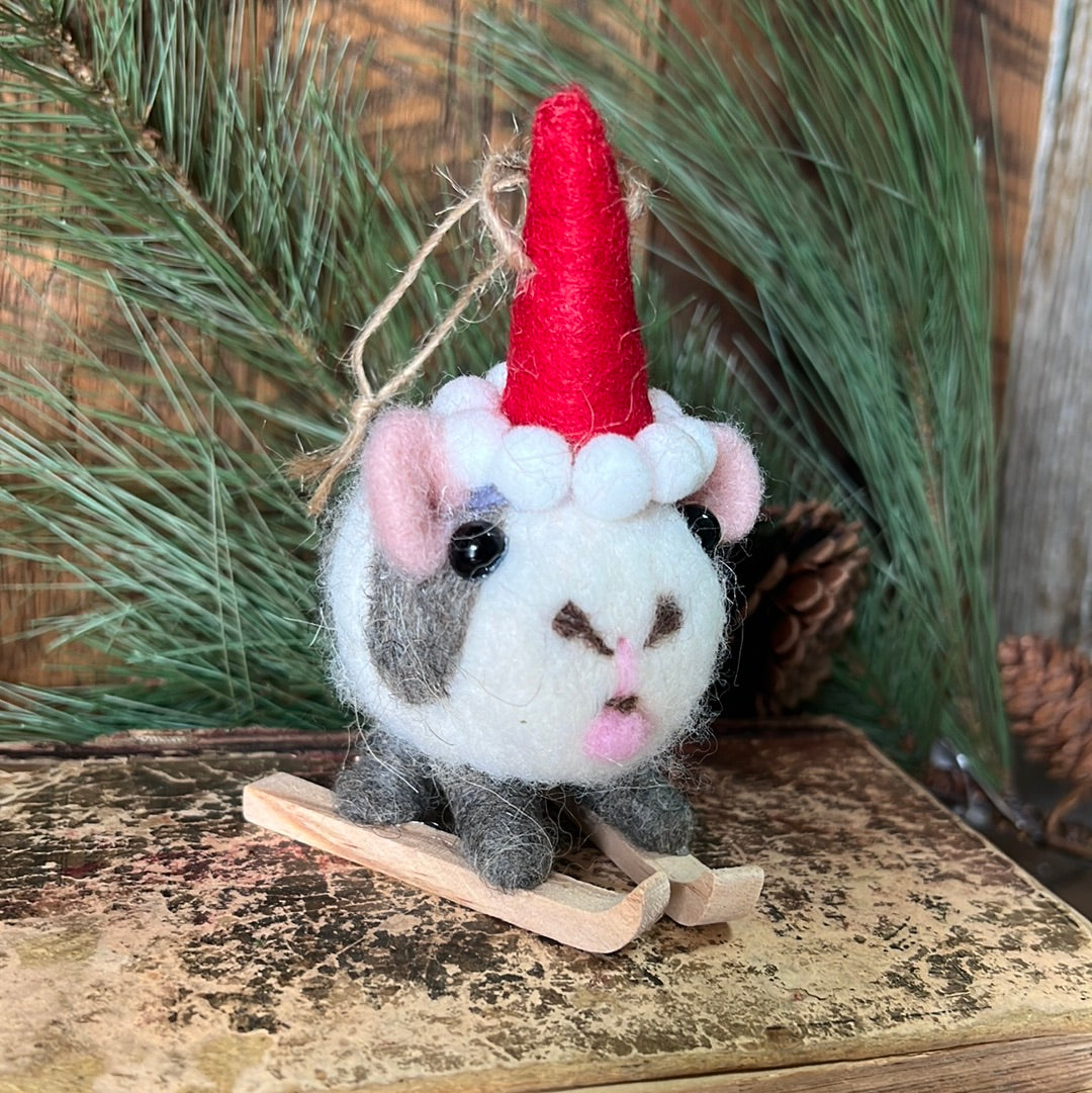 Felt Skiing Hamster with Red Santa Hat Ornament