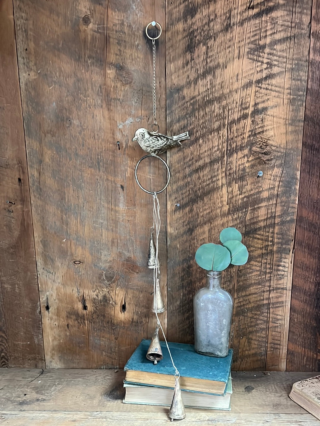 Hanging Gold Metal Bells Wind Chime with Bird on Chain Brass Finish