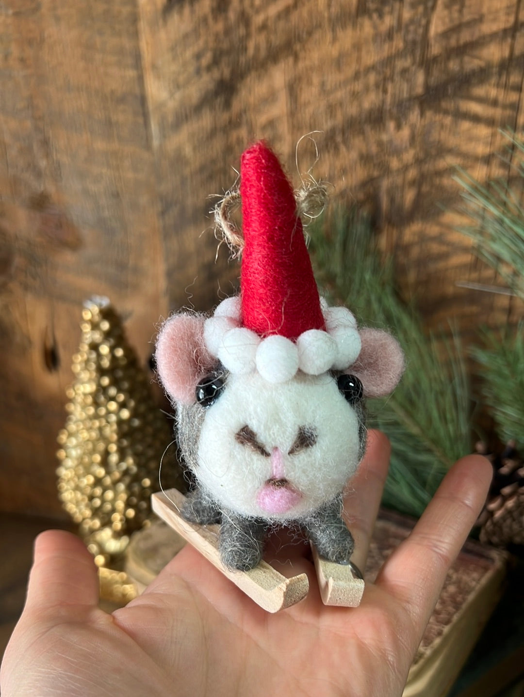 Felt Skiing Hamster with Red Santa Hat Ornament
