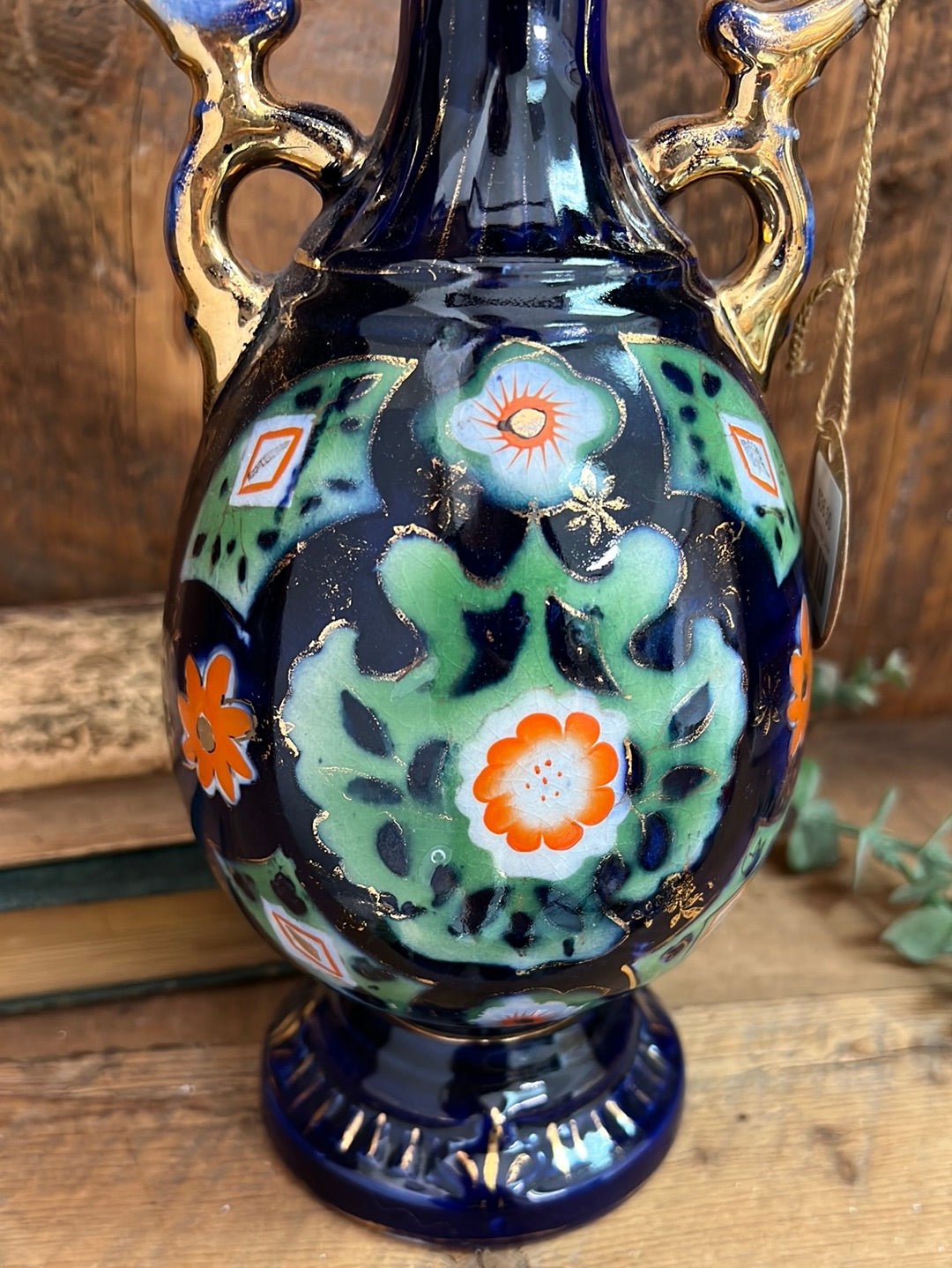 Antique Painted Glazed Blue and Gold Lidded Urn