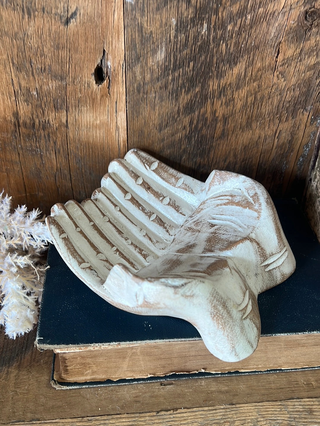 Open Hands Wooden Offering Bowl Whitewashed