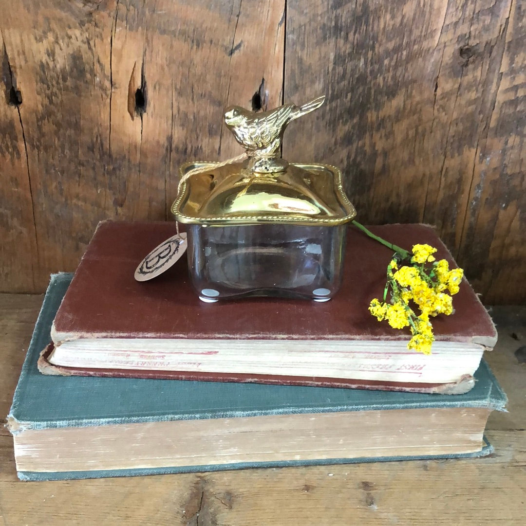 Lidded Glass Trinket Box with Brass Bird Varies by Shape