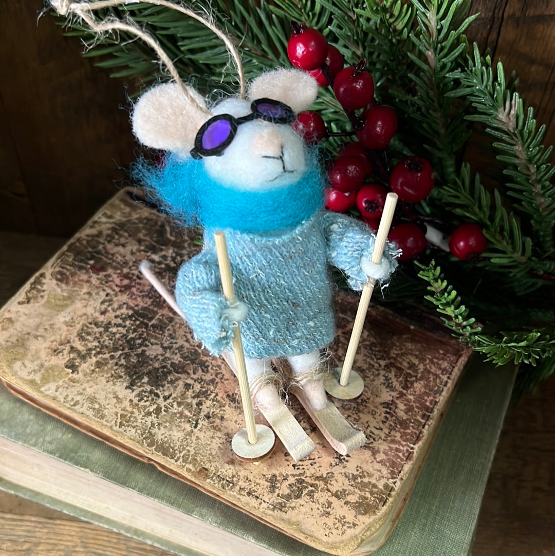 Felt Skier Mouse with Goggles, Blue Scarf and Sweater Ornament