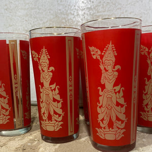 Vintage Culver Highball Glasses Red and Gold Thai Princess Pattern