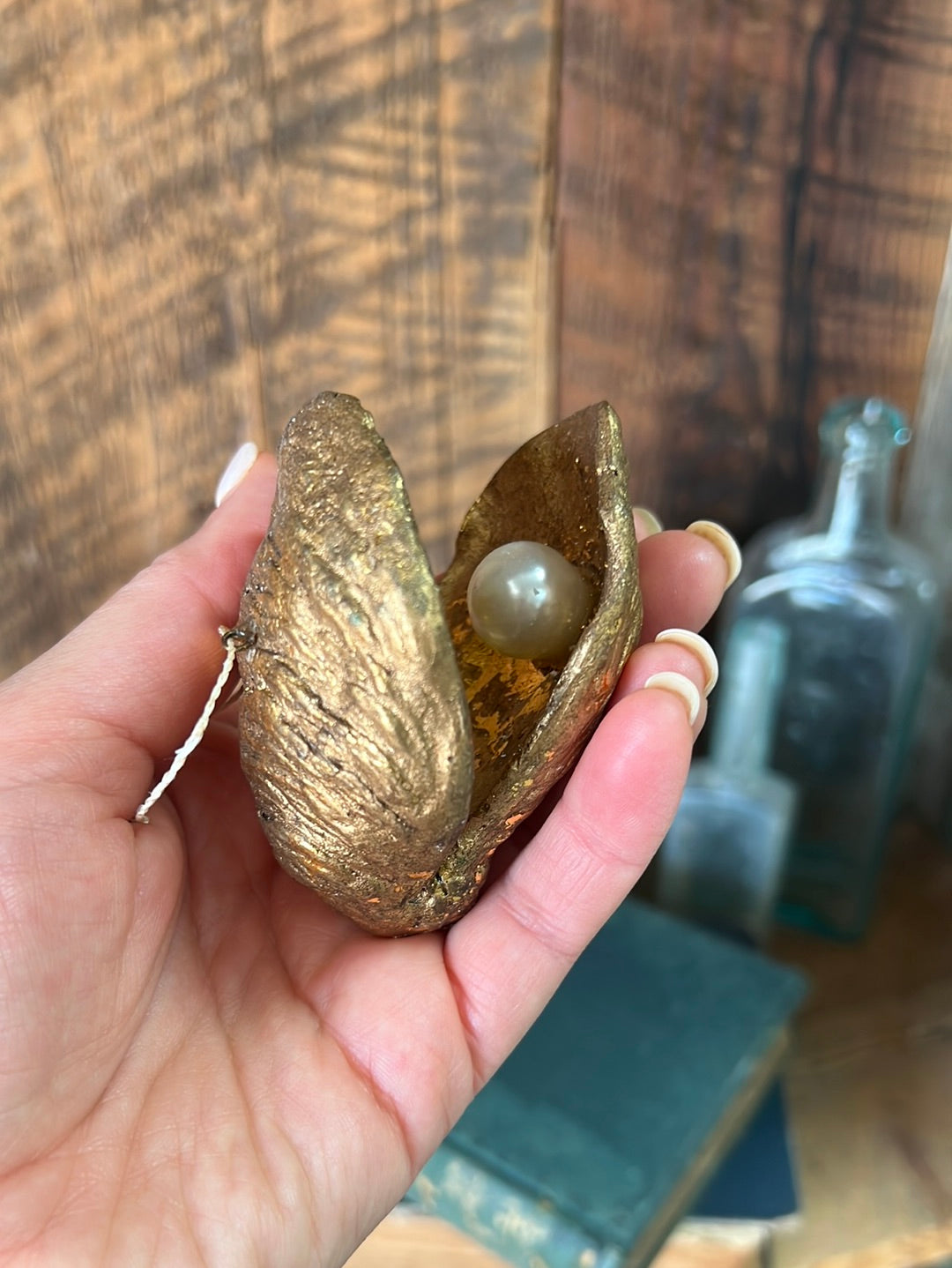 Gold Oyster Shell with Pearl Paper Mache Ornament