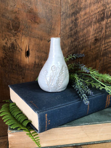 Skinny White Ceramic Vase with Debosssed Flowers